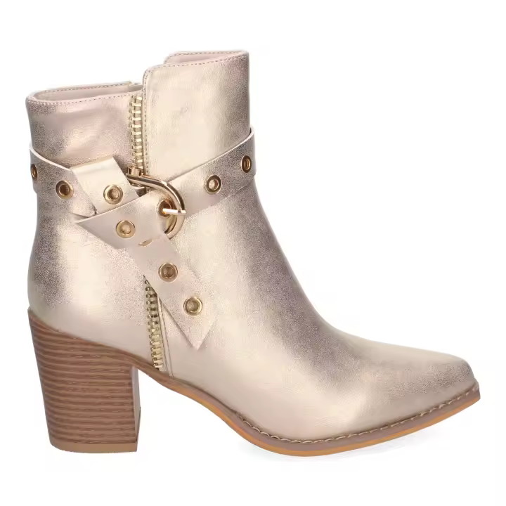 PuntoSalao Botines dorados de tacón cómodo para mujer F6697 Losbotines dorados de tacón cómodo para mujer hebilla F6697son una elección perfecta para cualquier mujer que busque combinar estilo y comodidad - 1