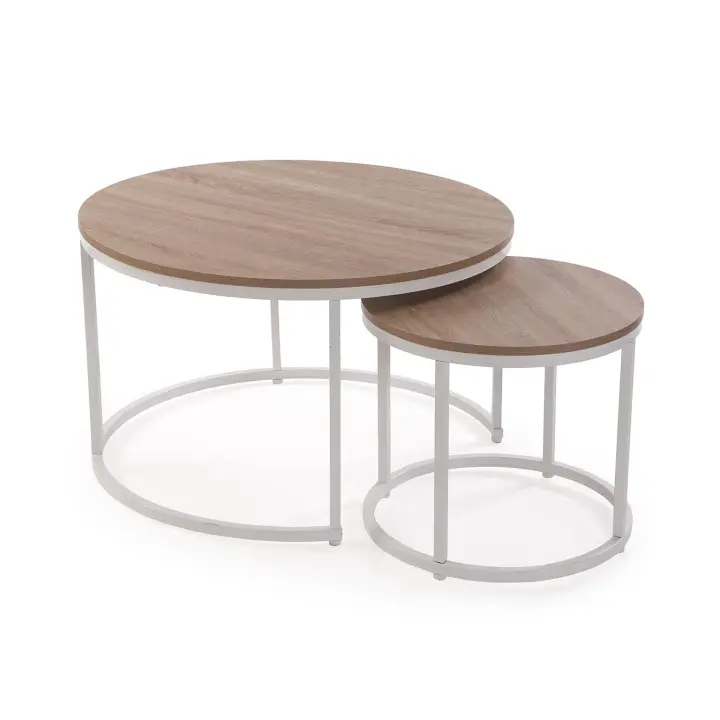 Versa - Juego de 2 mesas auxiliares en metal color blanco y madera natural , con unas medidas de 80x80x48   y  48x48x42 cm - 1