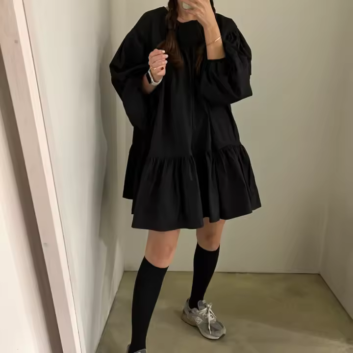 Vestido A-Line Vintage De REALEFT Para Mujer Con Manga Puff Cuello O High Waist Casual Patchwork Estilo Vintage Mini - 1