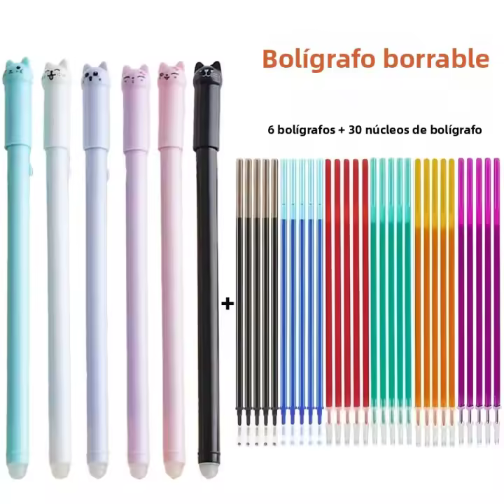 Set De 36 Rotuladores De Goma Con Punto Fino De 0.5mm Y Tinta De Gel Refillables En 6 Colores Calientes Estilo De Gato Erasables - 1