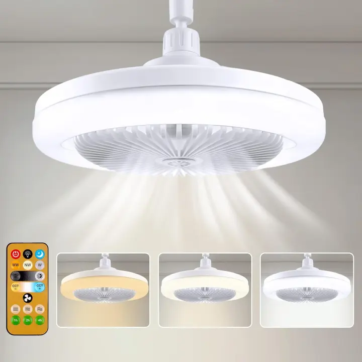 Ventilador de techo con enchufe y 3 velocidades, LED regulable, base E26/E27, Pequeño ventilador de techo con enchufe inalámbrico para dormitorio, cocina y habitaciones pequeñas - 1