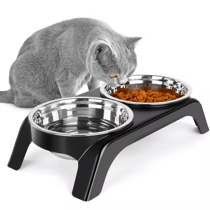 Juego De Tazas Para Gatos Elevadas Acero Inoxidable Con Soporte Antideslizante ABS Alimento Agua Para Gatos Internos Cuadradas - 1