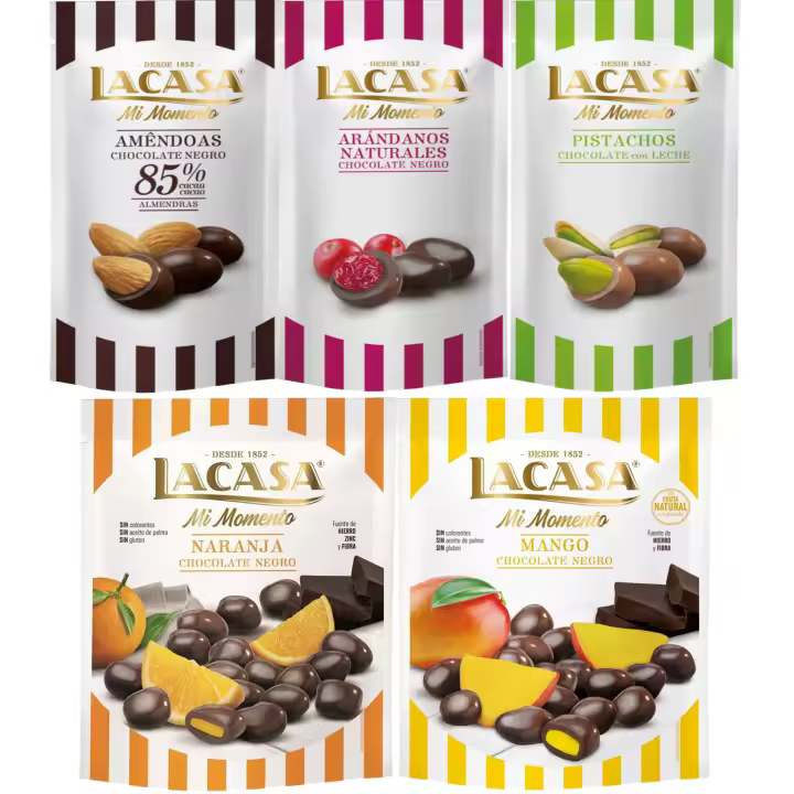Lacasa Mi Momento pack de 5:Arándano  Negro 60 G,Pistacho  Leche 50 G,Almendra 85% 65 G,Naranja  Negro 125 G,Mango  Negro 115 G - 1