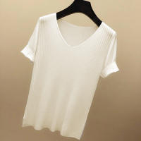 Camiseta De Mujer De Verano Con Cuello En V Y Manga Corta Tejida En Color Negro Y Naranja Estilo Slim Para Ocio Casual - details 5