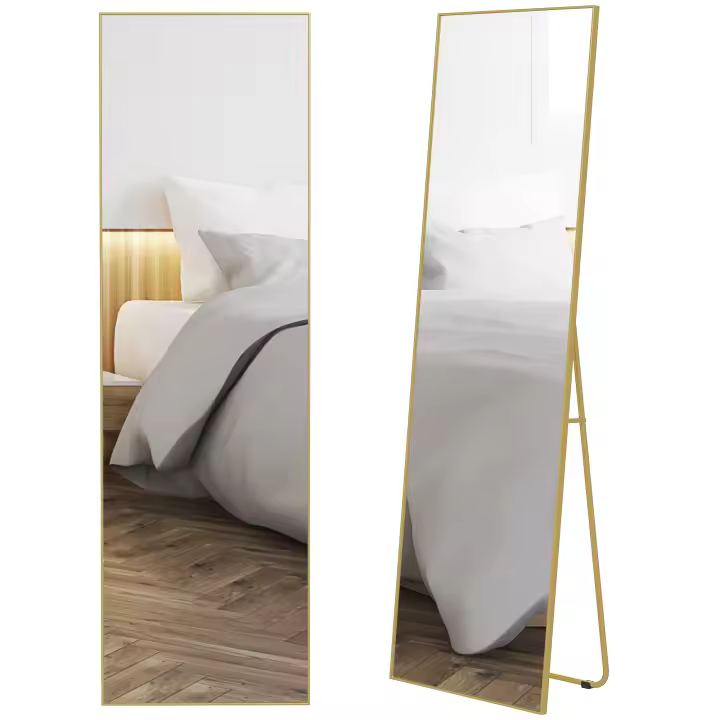 HOMCOM Espejo de Pie Cuerpo Entero con Marco de Aleación de Aluminio Espejo de Pared Rectangular con 2 Formas de Uso para Pasillo Dormitorio Salón 50x161,5x2 cm Dorado - 1