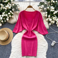 Nuevo Verano 2025 Vestido Corto De Mujer En Negro Con Manga Batwing Suave Y Elástico Estilo Bandage Casual Silueta Bodycon - details 0