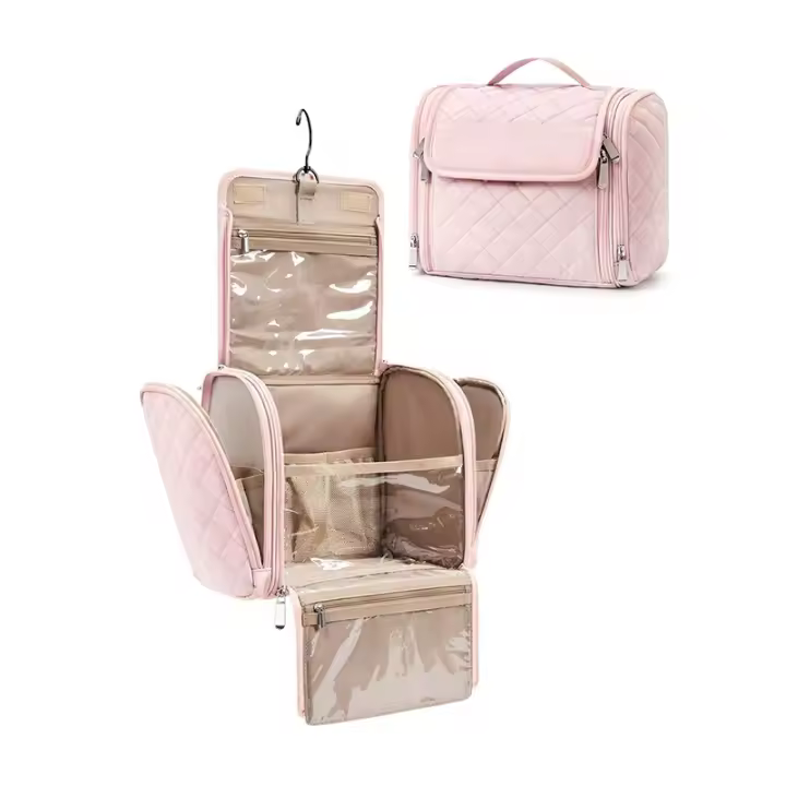 Neceser de viaje para cosméticos, neceser de gran capacidad para mujer con gancho, neceser impermeable para accesorios de baño, cepillo de esponja con asa, rosa, neceser de viaje de gran capacidad con gancho - 1