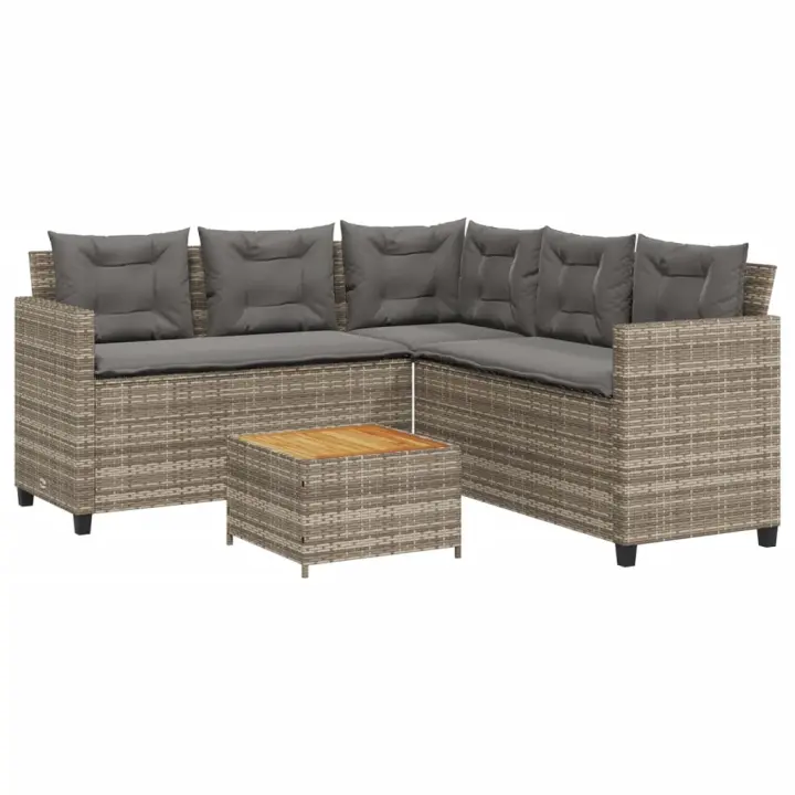 vidaXL Sofá de jardín en forma de L con mesa y cojines ratán PE gris - 1