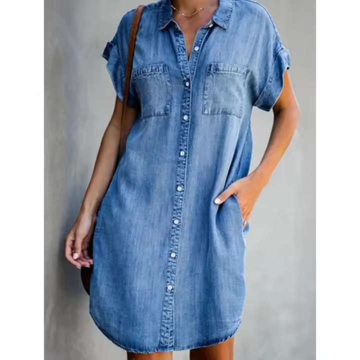 Vestido De Mezclilla Casual Para Mujer Con Bolsillos Cuello En V Botones Y Shorts Estilo Retro Unisex De Verano - 1