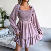 Vestido Elegante Para Mujer Nueva Moda Manga Larga Cuello Cuadrado Casual Color Sólido Otoño Invierno Con Volantes Vestido De Mujer De Pierna Larga Estilo Bohemio - details 4