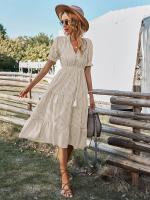 Vestido Largo Medio Casual De Rayas Para Mujer Con Borlas Cuello V Manga Corta Estilo A-Line Primavera Verano Polyester - details 15