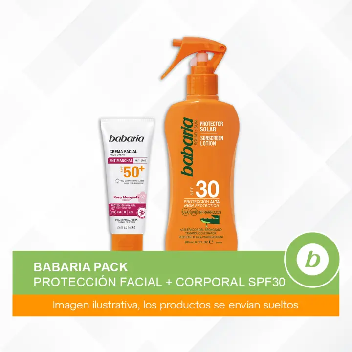Babaria Pack Protección Facial + Corporal SPF30: Spray Protector Solar y Crema Facial Solar Antimanchas para Cuidado, Hidratación y Prevención de Manchas - 1