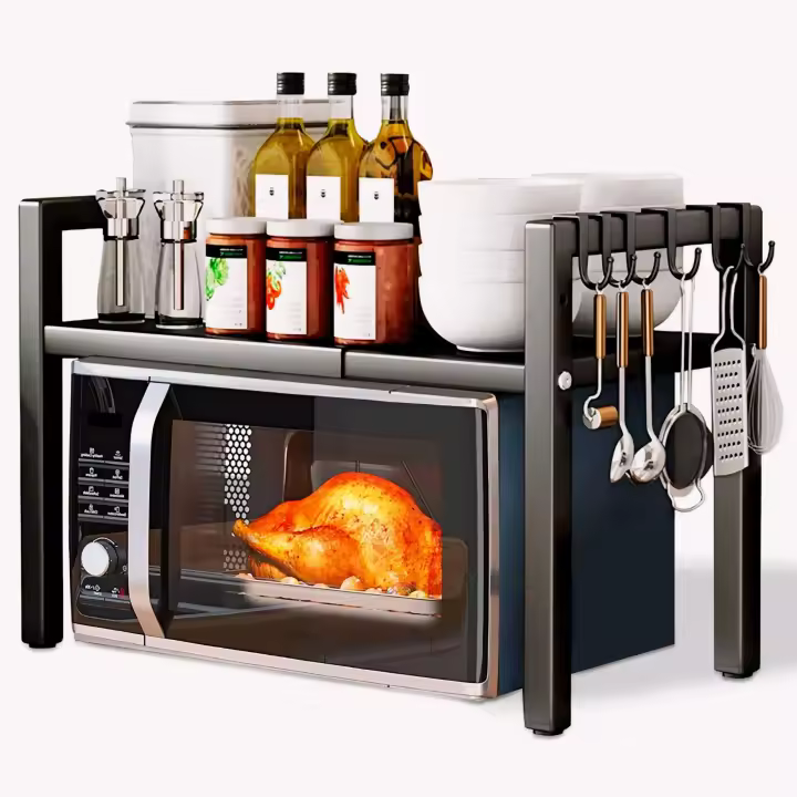 JUPPLIES Soporte Extensible para Microondas de 2 Niveles - Organizador de Cocina Ajustable con 4 Ganchos - Estante de Almacenamiento Mueble Microondas Robusto - Extensible de 39.5 hasta 64 cm - 1