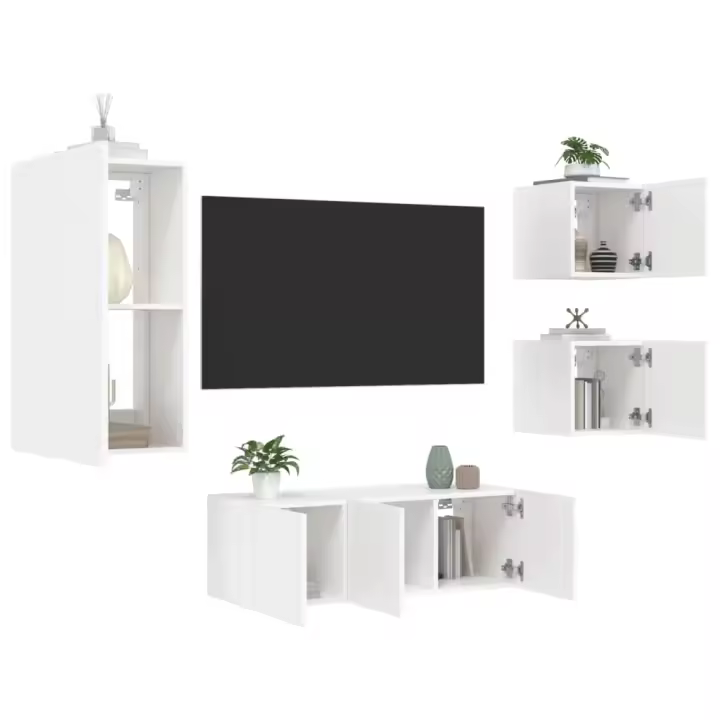 vidaXL Muebles de TV de pared con LED 5 pzas madera ingeniería blanco - 1