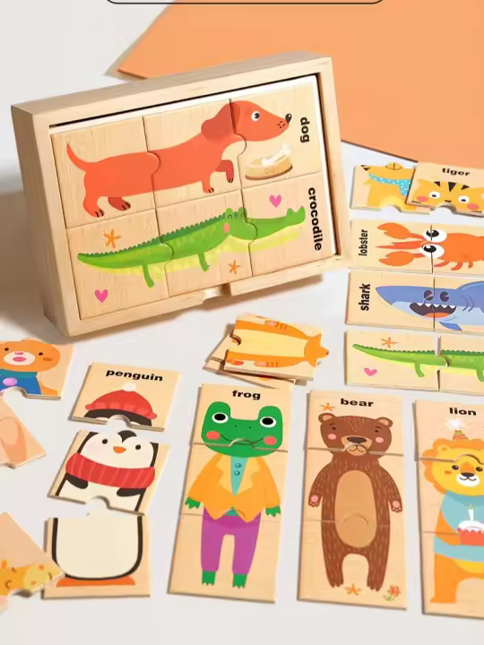 Puzzle De Madera Para Niños Con Formas De Animales Y Palabras En Inglés Juguete Educativo Para La Conocimiento Temprano - 1
