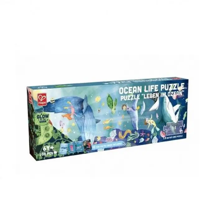 Puzzle vida marina 1.5 metros largo contiene 200 piezas que se iluminan en la oscuridad y 10 cartas con datos. 150x30x0,2cm (Hape E1634) - 1