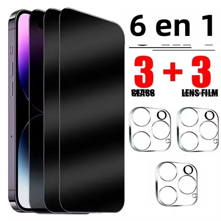 Protector De Pantalla Y Lente De Cámara De Vidrio Templado 6IN1 Privacidad Para iPhone 15 14 13 12 11 Anti-Spy Resistente a Arañazos - 1