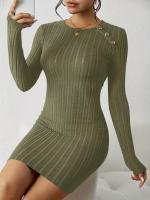 Vestido De Punto De Manga Larga Con Cierres En Los Hombros Y Cuello Redondo De Color Sólido Para Mujer Estilo Casual De Temporada Otoño/ Invierno - details 4