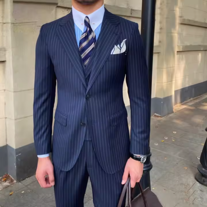 Traje De Boda Formal Slim Fit 3 Piezas Color Sólido Azul Marino Conjunto De Traje De Negocios Con Chaleco Pantalones Y Chaqueta Para Hombres - 1
