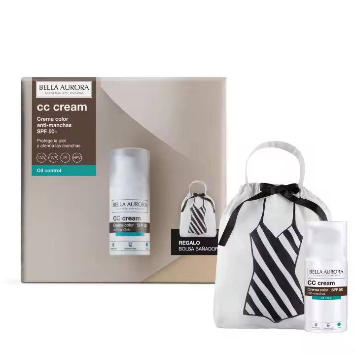 BELLA AURORA - Pack CC Cream Antimanchas Oil Control SPF50+ 30 ml + Bolsa Bañador, Protector Solar Antimanchas, Crema Color Antimanchas, para Pieles con Brillo o Mixtas-Grasas, Crema Solar Facial - 1