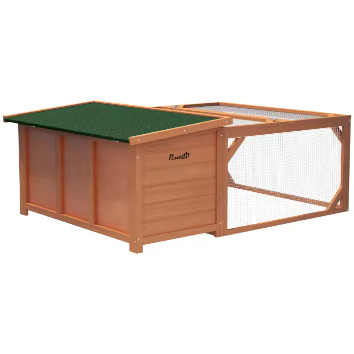 PawHut Conejera para Animales Pequeños Conejera Enana con Techo de Asfalto Abrible Jaula para Animales Pequeños Exterior Interior Patio Trasero Resistente a la Intemperie Madera de Abeto Naranja+Verde 125,5 x 100 x 49 cm - 1