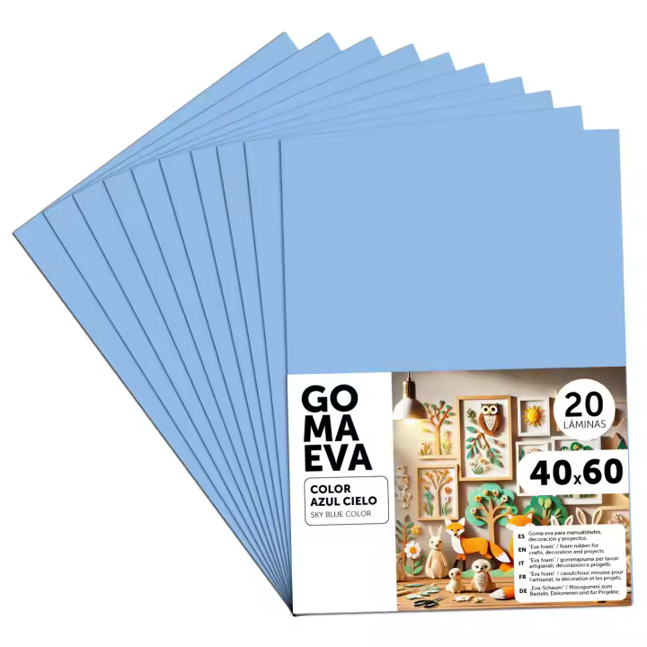 Goma Eva para Manualidades, Goma Espuma de Colores para Proyectos Creativos, Ideales para Artes y Manualidades, uso Escolar, Profesional o Artístico 40x60cm - m-office (Azul Cielo, 20 uds) - 1