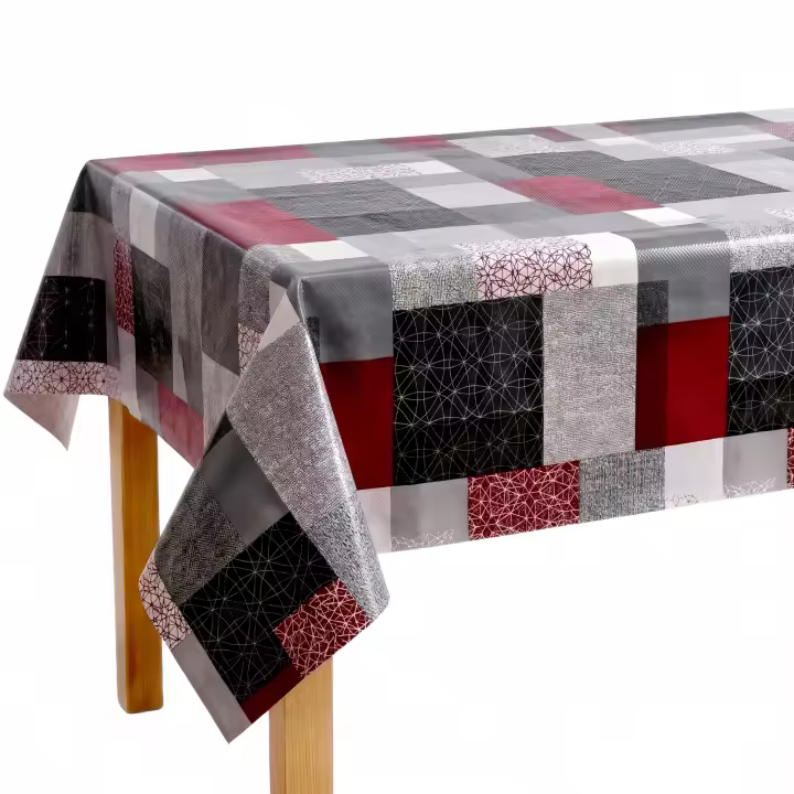 OnedayStudio Mantel Plástico de PVC de Alta Resistencia, 140 cm de Ancho, Diseño Geométrico Moderno Gris y Rojo, Ideal para Mesa de Comedor, Cocina o Salon, Limpieza con Paño Húmedo - 1