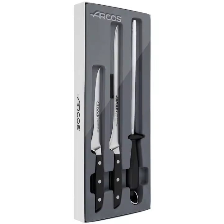 ARCOS Manhattan - Set Jamonero (2 Cuchillos + 1 Chaira) - Acero Inoxidable Forjado Nitrum® - Mango POM - Estuche Regalo - 1