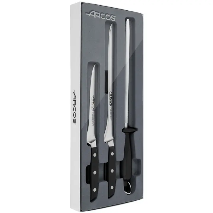 ARCOS Manhattan - Set Jamonero (2 Cuchillos + 1 Chaira) - Acero Inoxidable Forjado Nitrum® - Mango POM - Estuche Regalo - 1