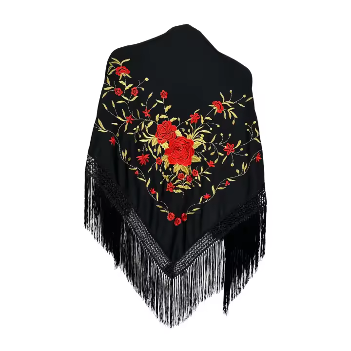 Mantón de manila de pico negro con bordado rojo y oro (160cm x 80cm sin fleco) - 1