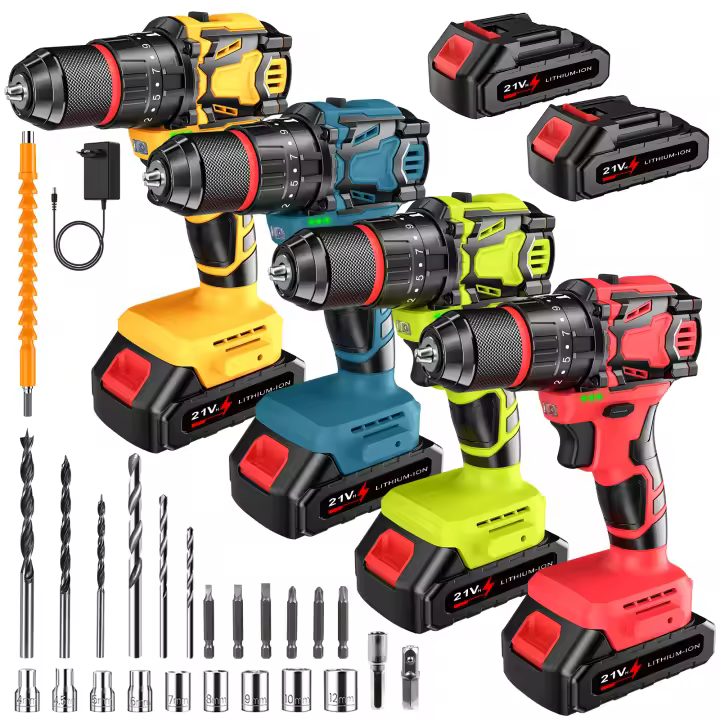Destornillador de taladradora de litio de impacto sin escobillas de 21V con 2 baterías, con lámpara, 2 velocidades, 25+3 torsiones, para el hogar DIY, perforación - 1
