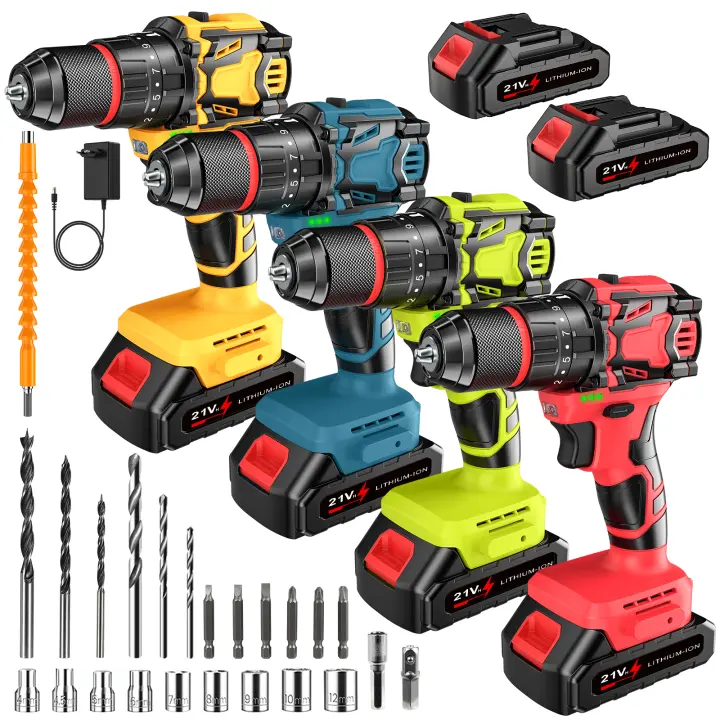 Destornillador de taladradora de litio de impacto sin escobillas de 21V con 2 baterías, con lámpara, 2 velocidades, 25+3 torsiones, para el hogar DIY, perforación - 1