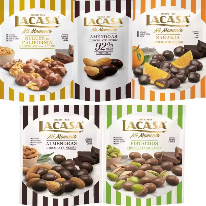 Lacasa Mi Momento pack de 5:Almendra 92% 65G,Nueces Leche 115G,Almendra choco Negro 125G,Naranja choco Negro 125G,Pistacho Leche 100G - 1