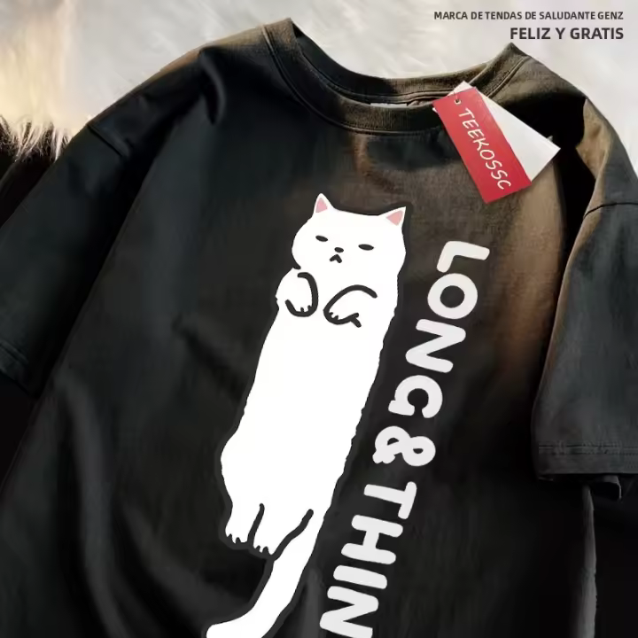 Camiseta De Estilo Japonés Con Gato Delgado Y Blanco Para Hombre Camiseta Casual De Algodón Transpirable Para Verano Con Cuello Redondo Y Mangas Cortas - 1