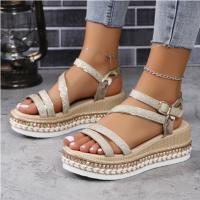 2025 Summer New Large Size Fish Mouth Buckle Wedge Heel Sandals Women Fashion Thick Bottom Shiny Women Sandals - details 8