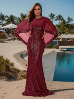 Vestido De Noche Romantic Burgundy Para Mujer Vestido De Boda Elegante De Encaje Y Spandex Sin Mangas Cuello En O Largo Floor-Length Formal Para Fiesta Y Comidas Elaborado En China - details 6