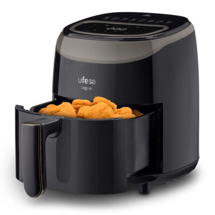 Ufesa - Freidora de aire digital Jaguar 3.5L con tecnología 360º de circulación de aire a alta velocidad, 8 programas preestablecidos (patatas fritas, pollo, pescado, carne, hornear, verduras, pizza, bacón), cubeta antiadherente y libre de BPA y PFOA