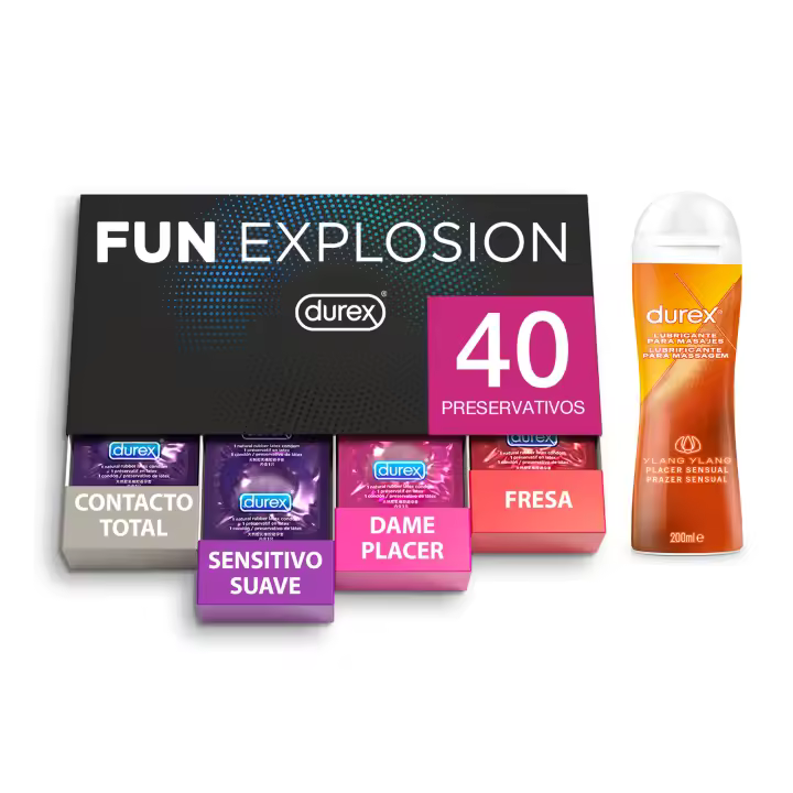 Durex - Fun Explosion, Pack Preservativos Sabor Fresa, Dame Placer, Sensitivo Suave y Contacto Total, 40 Condones + Lubricante Play Massage 2 en 1 200 ml - 1