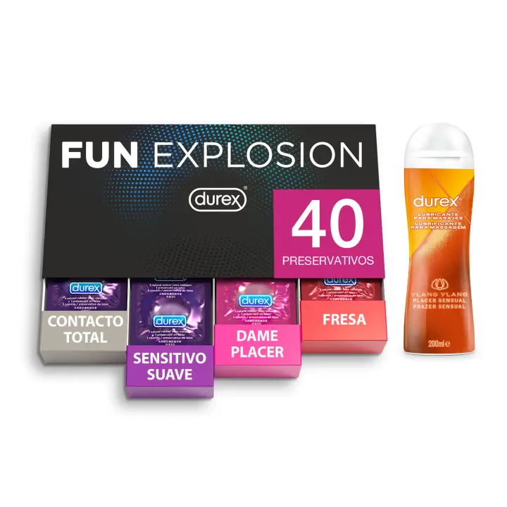 Durex - Fun Explosion, Pack Preservativos Sabor Fresa, Dame Placer, Sensitivo Suave y Contacto Total, 40 Condones + Lubricante Play Massage 2 en 1 200 ml - 1