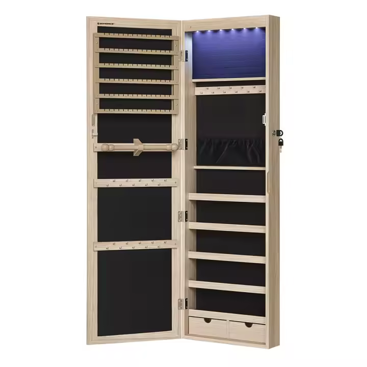 Espejo joyero de pared con luces led, armario organizador de joyas con cierre, espacio para pendientes y collares, disponible en blanco, negro, o roble - 1