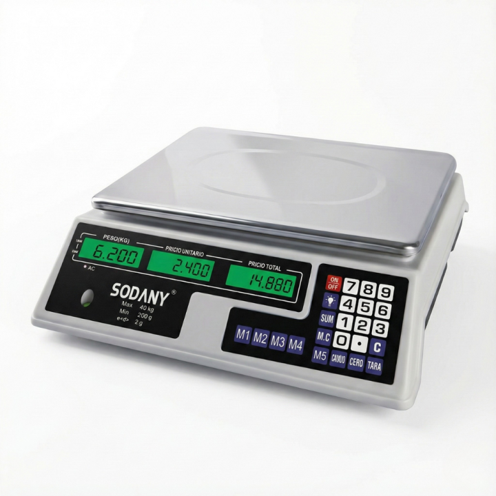 SODANY Peso Digital 40kg/2g Doble Cara 3 Pantallas LED, Batería Larga Duración. Báscula de Mesa para Mercado y Venta