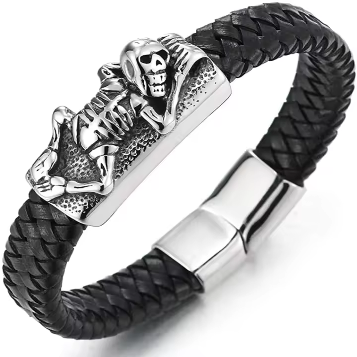 Pulsera Esqueleto de Cuero Trenzado y Acero Inoxidable cierre Imán Diseño Skeleton Amuleto - 1