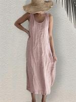 Vestido De Lino Y Algodón Para Mujer Estilo Casual Cómodo Verano Sin Mangas Cuello Redondo Bolsillos Laterales Largo Midi Color Sólido - details 1