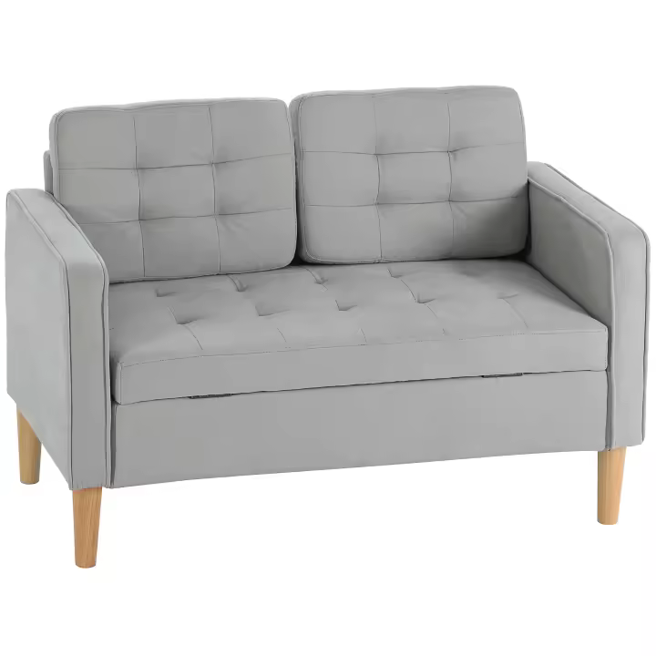 HOMCOM Sofá 2 Plazas, Sofá con Espacio de Almacenamiento, Patas de Madera, Sofá Tapizado Acolchado, Sofá Doble con Aspecto de Terciopelo para Salón, Dormitorio, 117x 62 x 78 cm, Gris Claro - 1