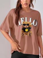 Camiseta De Verano Para Mujeres Casual Con Hombros Caídos Y Mangas Cortas Estampado De Letras Y Oso Suelto Y Versátil Moda 2024 - details 5