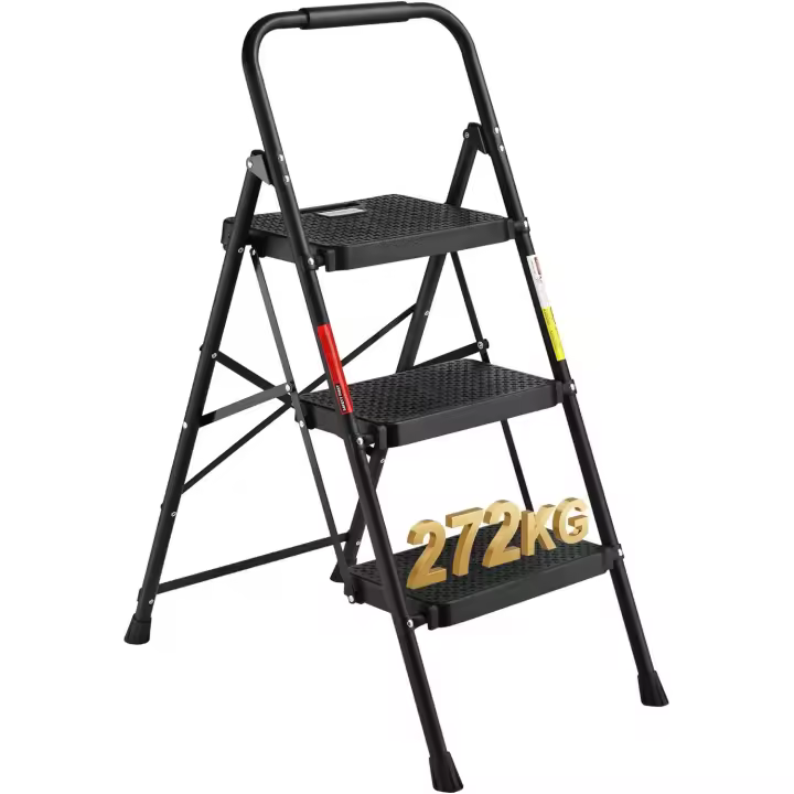 Escaleras Plegables de 3 Escalones, Capacidad de 272KG con Pedales Antideslizantes Anchos, Taburete Escaleras de Mano de Acero, Manubrio de Esponja - 1