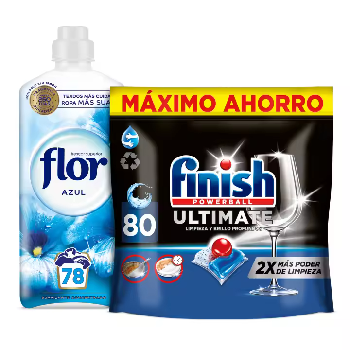 Finish Ultimate 80 pastillas + Flor Suavizante Azul 78 lavados | Pack limpieza y frescor, lavavajillas, abrillantador, suavidad, fragancia duradera - 1