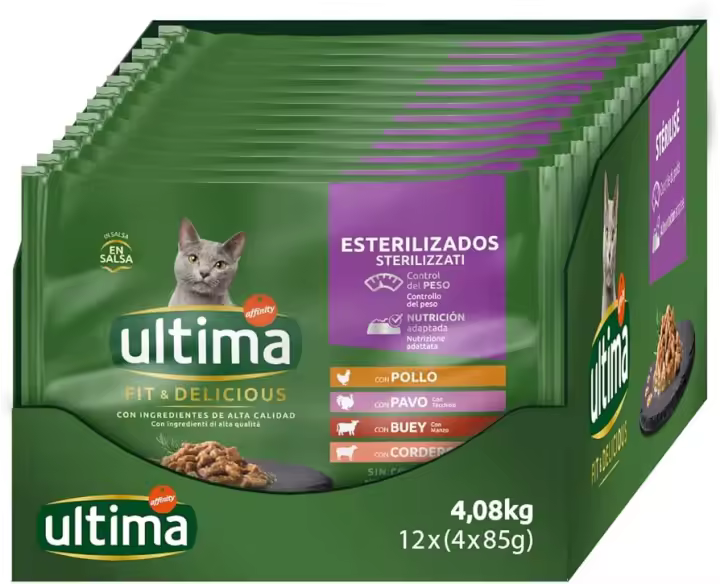 Ultima  Comida Húmeda para Gatos con 4 variedades de Carne: Buey, Pavo, Pollo y Ave. 4 Paquetes de 12 raciones de 85g. Esterilizado - 1