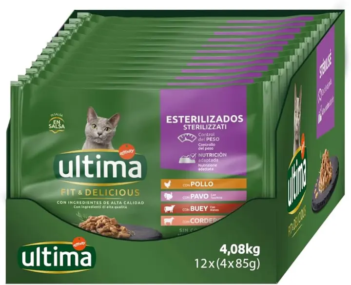 Ultima  Comida Húmeda para Gatos con 4 variedades de Carne: Buey, Pavo, Pollo y Ave. 4 Paquetes de 12 raciones de 85g. Esterilizado - 1