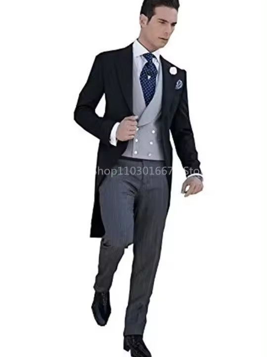 Traje De Novia Negro Para Hombre 3 Piezas Tuxedo Formal Con Chaqueta Pantalones Y Chaleco Para Bodas Y Fiestas Promocionales - 1